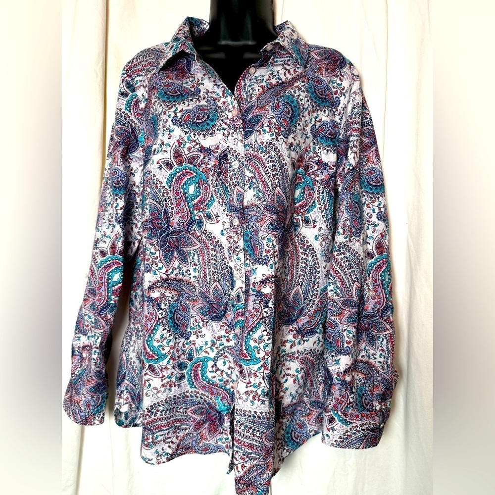 Talbots‎ Womens Multicolor Paisley Button Down L/S Cotton Blouse Size L
